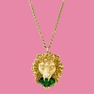 Gucci Lion Head Necklace Gold Green